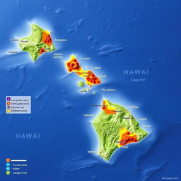 A detailed and colorful hazard map of Hawaii, showcasing various natural hazards including volcanic activity, tsunami zones, earthquake risk, and flood-prone areas