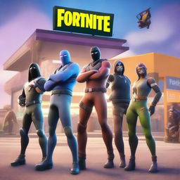 A vibrant digital art piece featuring Fortnite characters engaging with each other outside an Oxxo convenience store