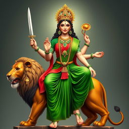 A Hindu goddess, around 40 years old, depicted sitting gracefully atop a majestic lion