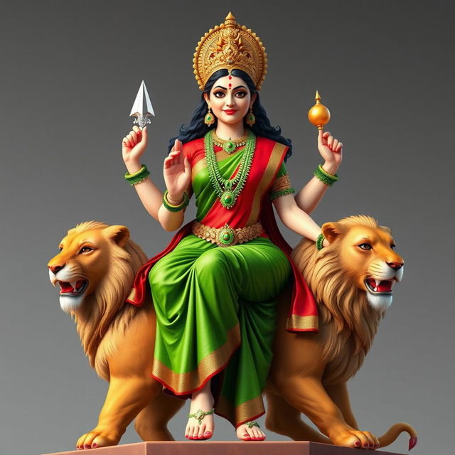 A Hindu goddess, around 40 years old, depicted sitting gracefully atop a majestic lion