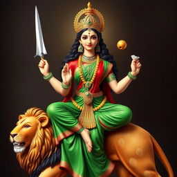 A Hindu goddess, around 40 years old, depicted sitting gracefully atop a majestic lion
