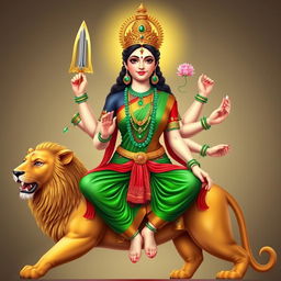 A Hindu goddess, around 40 years old, depicted sitting gracefully atop a majestic lion