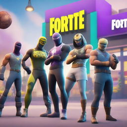 A vibrant digital art piece featuring Fortnite characters engaging with each other outside an Oxxo convenience store