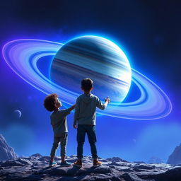 A breathtaking scene featuring the planet Saturn in the background, showcasing vibrant blue and purple hues that swirl around its rings