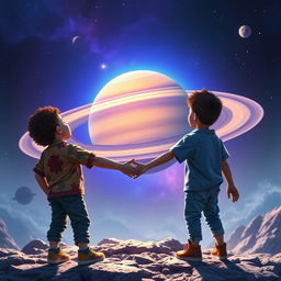 A breathtaking scene featuring the planet Saturn in the background, showcasing vibrant blue and purple hues that swirl around its rings