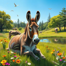 A serene scene depicting a donkey sitting peacefully in a wildlife sanctuary