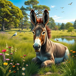 A serene scene depicting a donkey sitting peacefully in a wildlife sanctuary