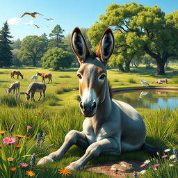 A serene scene depicting a donkey sitting peacefully in a wildlife sanctuary