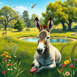 A serene scene depicting a donkey sitting peacefully in a wildlife sanctuary