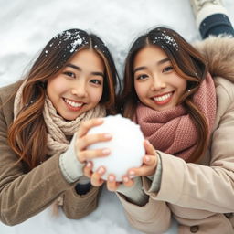 Two beautiful Asian women striking a playful pose lying on the snow, wearing stylish winter clothing suitable for snowy regions, with scarves around their necks