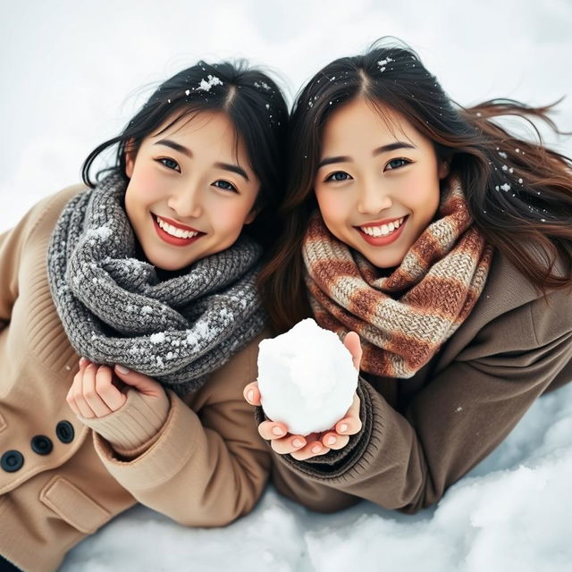 Two beautiful Asian women striking a playful pose lying on the snow, wearing stylish winter clothing suitable for snowy regions, with scarves around their necks