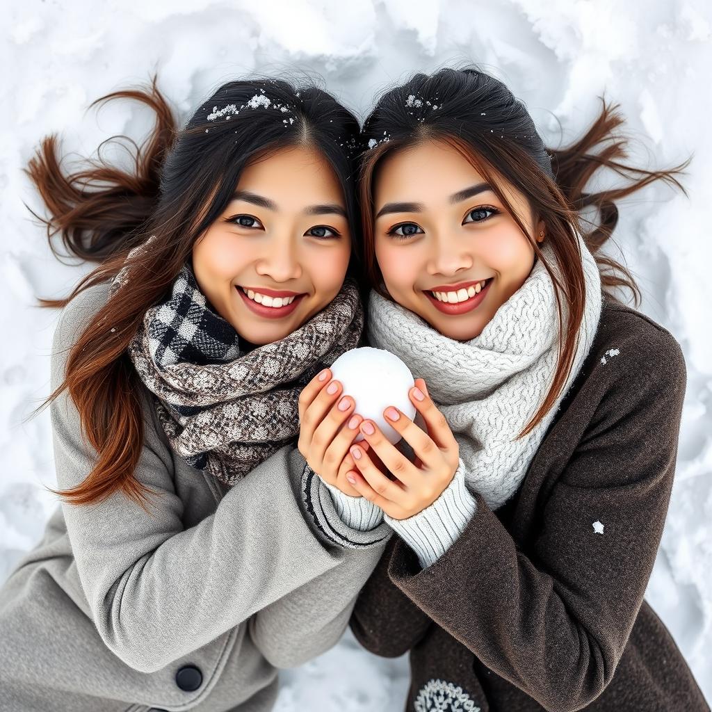 Two beautiful Asian women striking a playful pose lying on the snow, wearing stylish winter clothing suitable for snowy regions, with scarves around their necks