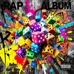 A vibrant and dynamic rap album cover design featuring an explosion of colorful dice in various shapes and sizes