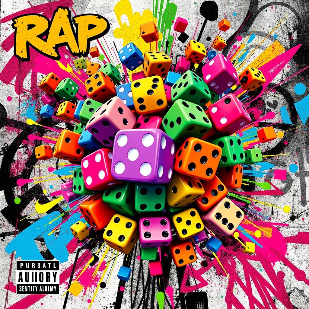 A vibrant and dynamic rap album cover design featuring an explosion of colorful dice in various shapes and sizes