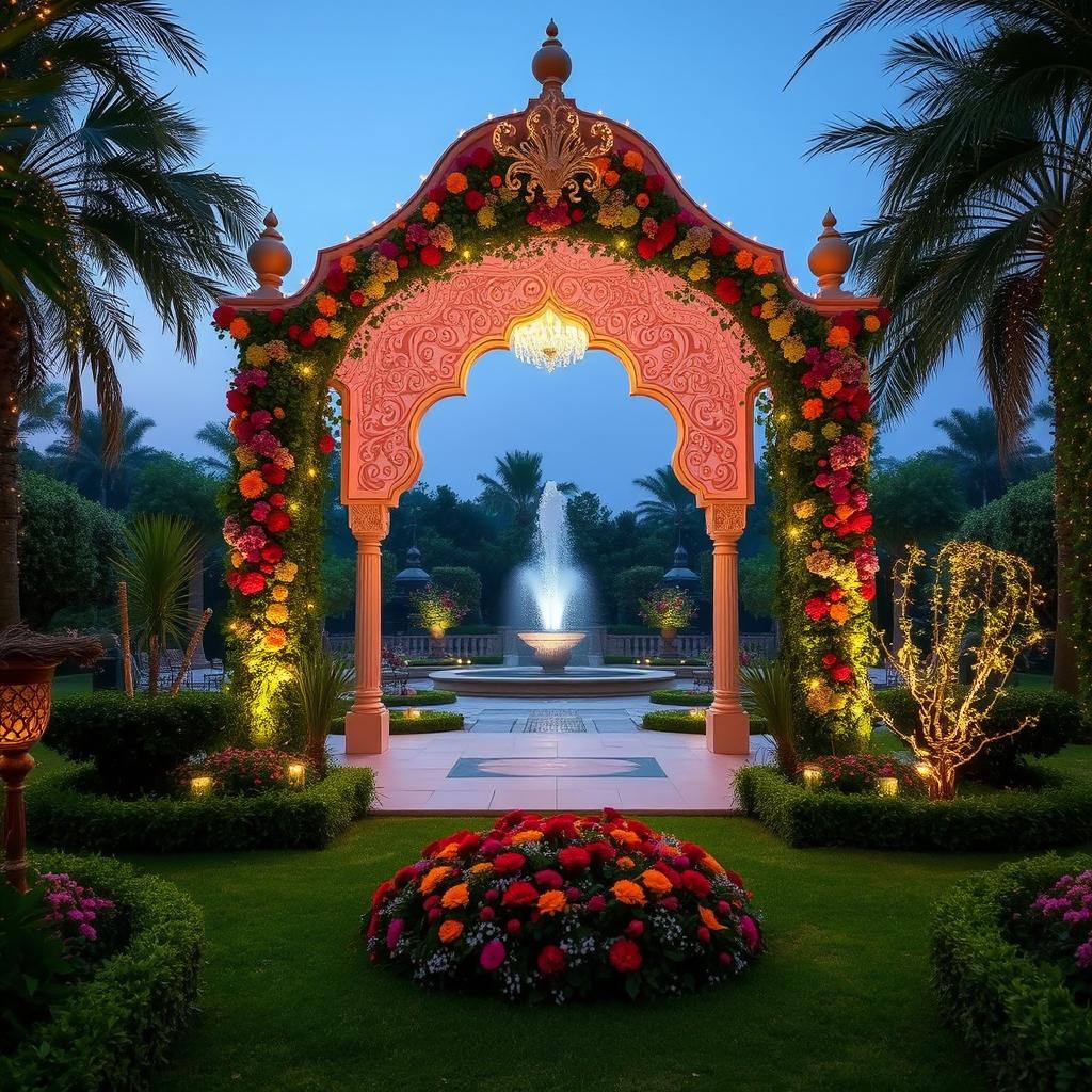 An elaborate and enchanting garden featuring a luxurious mahya, a decorative archway adorned with colorful flowers and twinkling lights