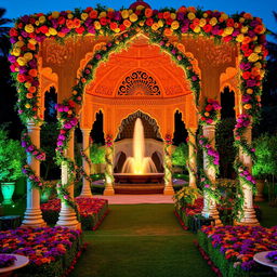 An elaborate and enchanting garden featuring a luxurious mahya, a decorative archway adorned with colorful flowers and twinkling lights