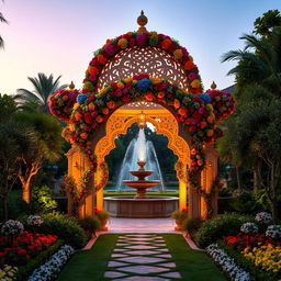 An elaborate and enchanting garden featuring a luxurious mahya, a decorative archway adorned with colorful flowers and twinkling lights