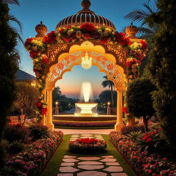 An elaborate and enchanting garden featuring a luxurious mahya, a decorative archway adorned with colorful flowers and twinkling lights