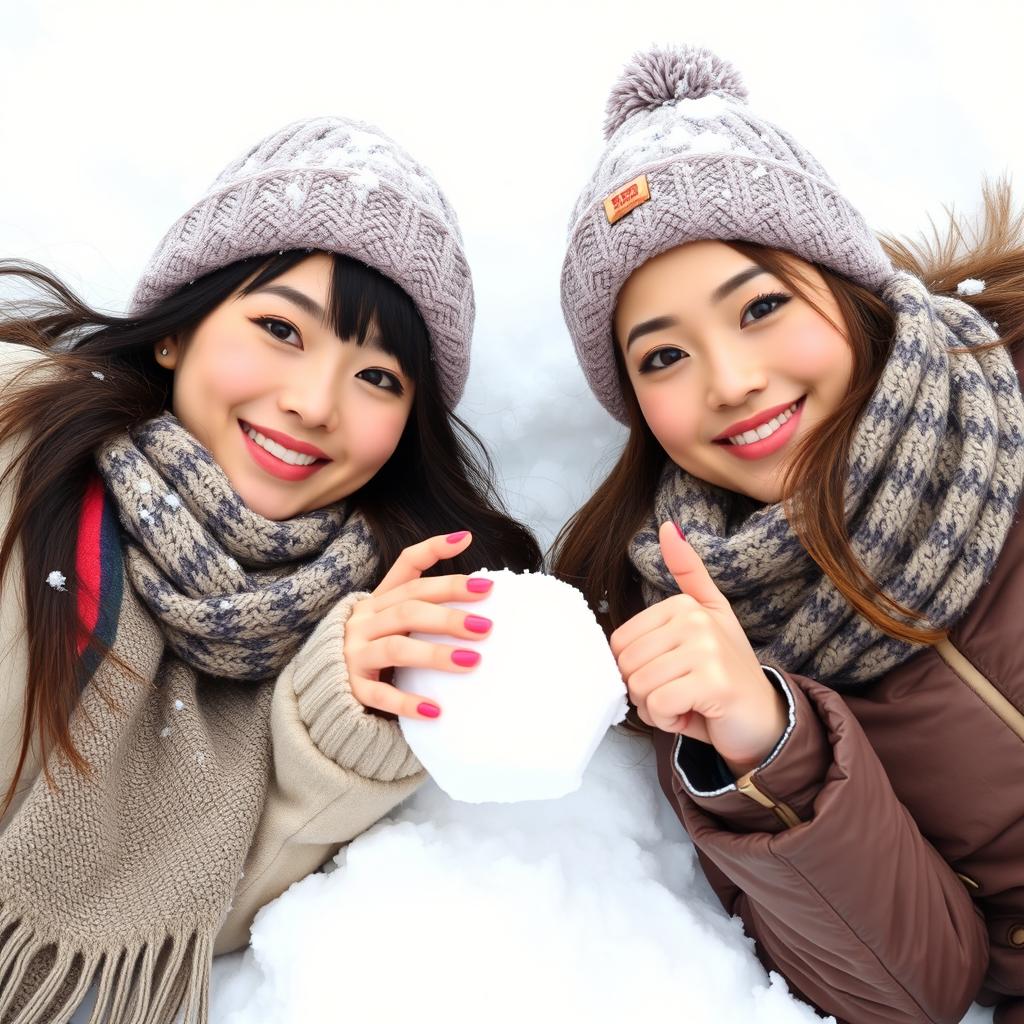 Two beautiful Asian women posing challengingly while lying on the snow, wearing scarves around their necks and special winter outfits suitable for snowy areas