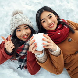 Two beautiful Asian women posing challengingly while lying on the snow, wearing scarves around their necks and special winter outfits suitable for snowy areas
