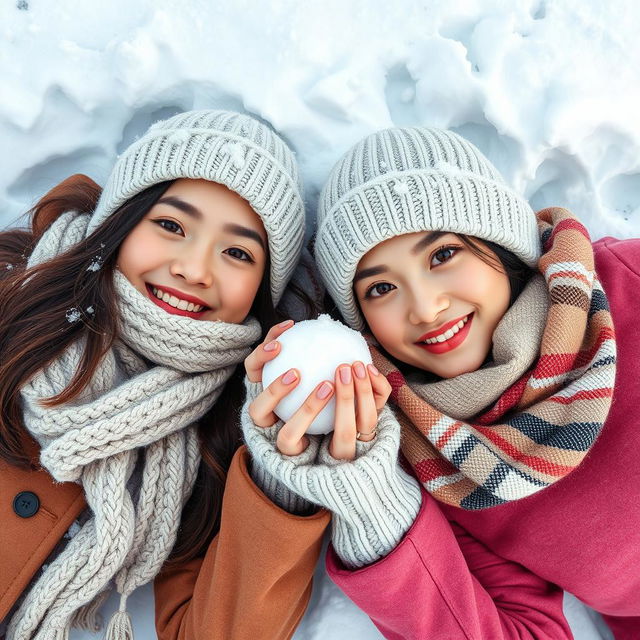 Two beautiful Asian women posing challengingly while lying on the snow, wearing scarves around their necks and special winter outfits suitable for snowy areas