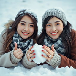 Two beautiful Asian women posing challengingly while lying on the snow, wearing scarves around their necks and special winter outfits suitable for snowy areas