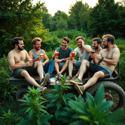 A group of six men aged 23, enjoying a relaxed evening in a peaceful green area