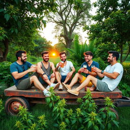 A group of six men aged 23, enjoying a relaxed evening in a peaceful green area