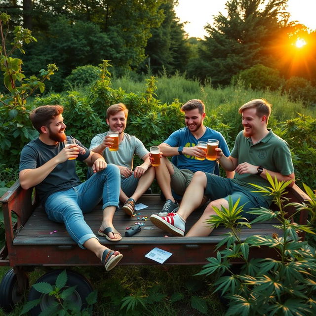 A group of six men aged 23, enjoying a relaxed evening in a peaceful green area