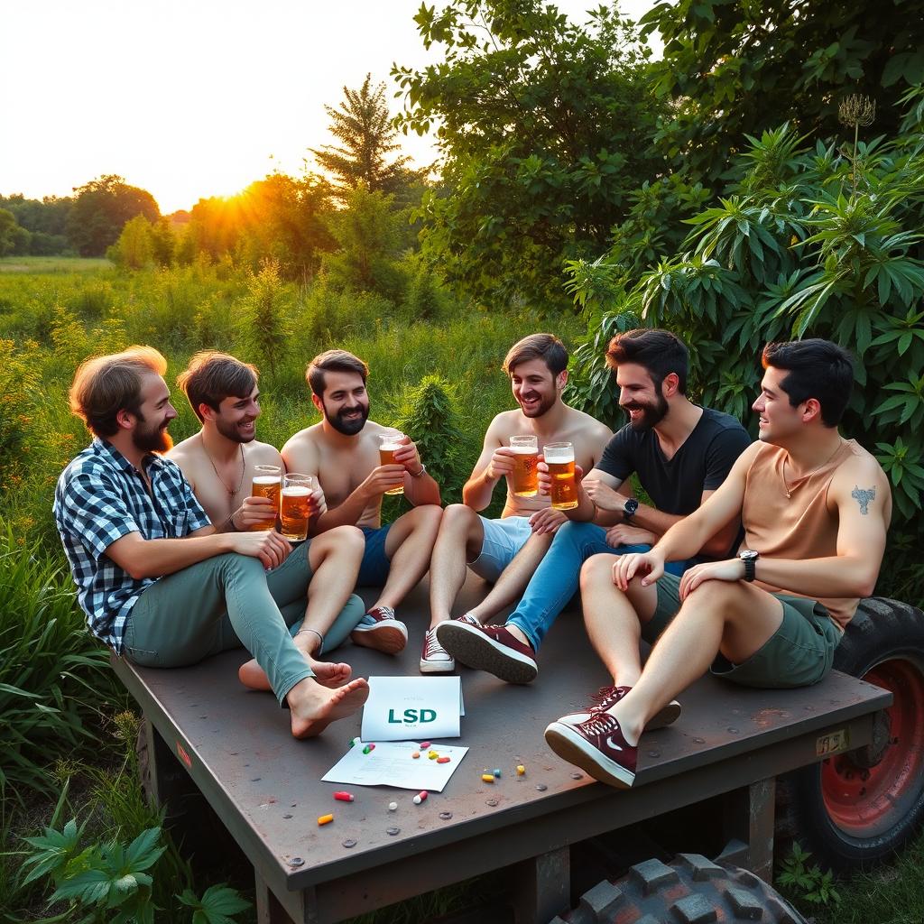A group of six men aged 23, enjoying a relaxed evening in a peaceful green area