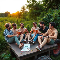 A group of six men aged 23, enjoying a relaxed evening in a peaceful green area