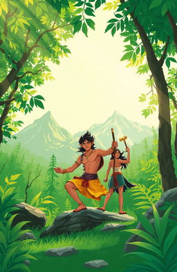 An adventurous scene set in a vibrant green forest background, symbolizing themes of adventure and nature