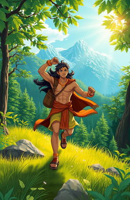 An adventurous scene set in a vibrant green forest background, symbolizing themes of adventure and nature