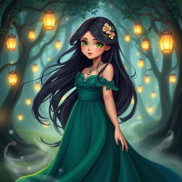 A beautifully illustrated character named Mahya, depicted as an enchanting young woman with long, flowing black hair adorned with delicate floral accents