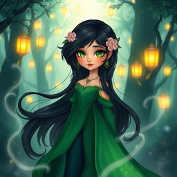 A beautifully illustrated character named Mahya, depicted as an enchanting young woman with long, flowing black hair adorned with delicate floral accents