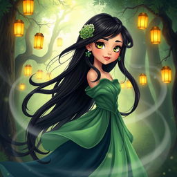 A beautifully illustrated character named Mahya, depicted as an enchanting young woman with long, flowing black hair adorned with delicate floral accents