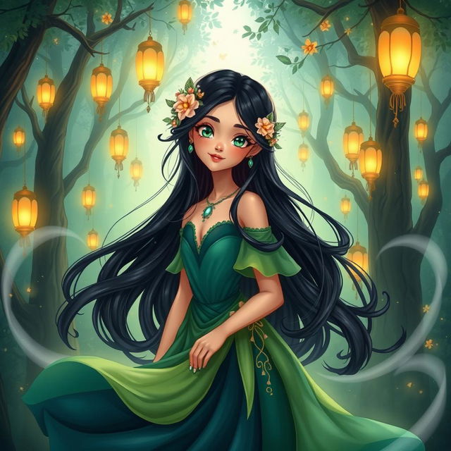 A beautifully illustrated character named Mahya, depicted as an enchanting young woman with long, flowing black hair adorned with delicate floral accents