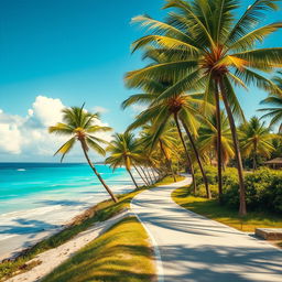 A picturesque natural scene featuring a vibrant blue sea with gentle waves lapping against the shore