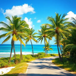 A picturesque natural scene featuring a vibrant blue sea with gentle waves lapping against the shore