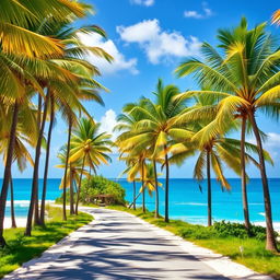 A picturesque natural scene featuring a vibrant blue sea with gentle waves lapping against the shore