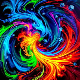 A visually stunning album cover design featuring a vibrant explosion of colors like electric blue, neon green, and fiery red, swirling together in an abstract pattern