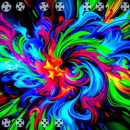 A visually stunning album cover design featuring a vibrant explosion of colors like electric blue, neon green, and fiery red, swirling together in an abstract pattern