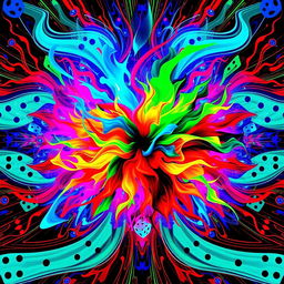 A visually stunning album cover design featuring a vibrant explosion of colors like electric blue, neon green, and fiery red, swirling together in an abstract pattern