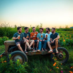 A group of six men aged 23, enjoying their evening in a vibrant green peaceful area