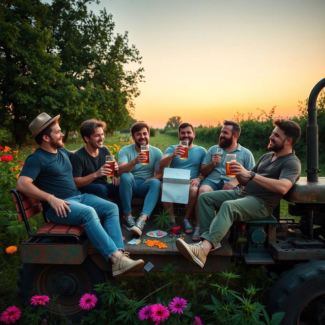 A group of six men aged 23, enjoying their evening in a vibrant green peaceful area