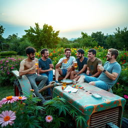 A group of six men aged 23, enjoying their evening in a vibrant green peaceful area