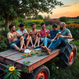 A group of six men aged 23, enjoying their evening in a vibrant green peaceful area
