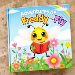 A whimsical children’s book cover featuring a colorful illustration of a cartoonish fly holding a tiny book, surrounded by vibrant flowers and greenery