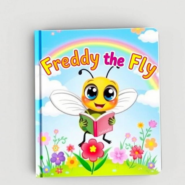 A whimsical children’s book cover featuring a colorful illustration of a cartoonish fly holding a tiny book, surrounded by vibrant flowers and greenery