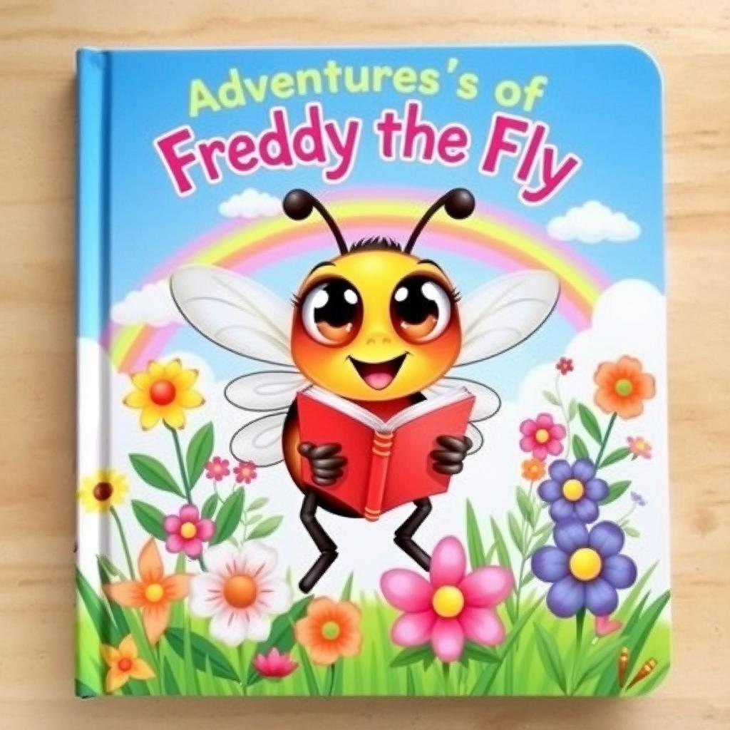 A whimsical children’s book cover featuring a colorful illustration of a cartoonish fly holding a tiny book, surrounded by vibrant flowers and greenery
